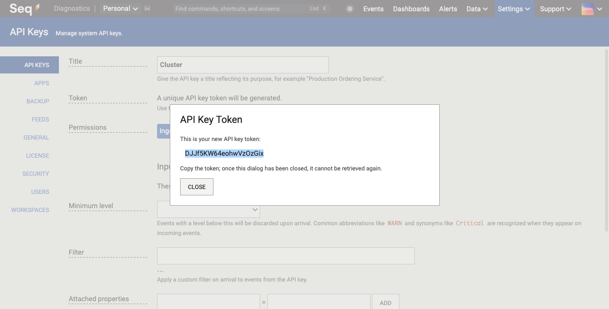 The screen after saving the new API key: the generated API key token is shown ready to copy.