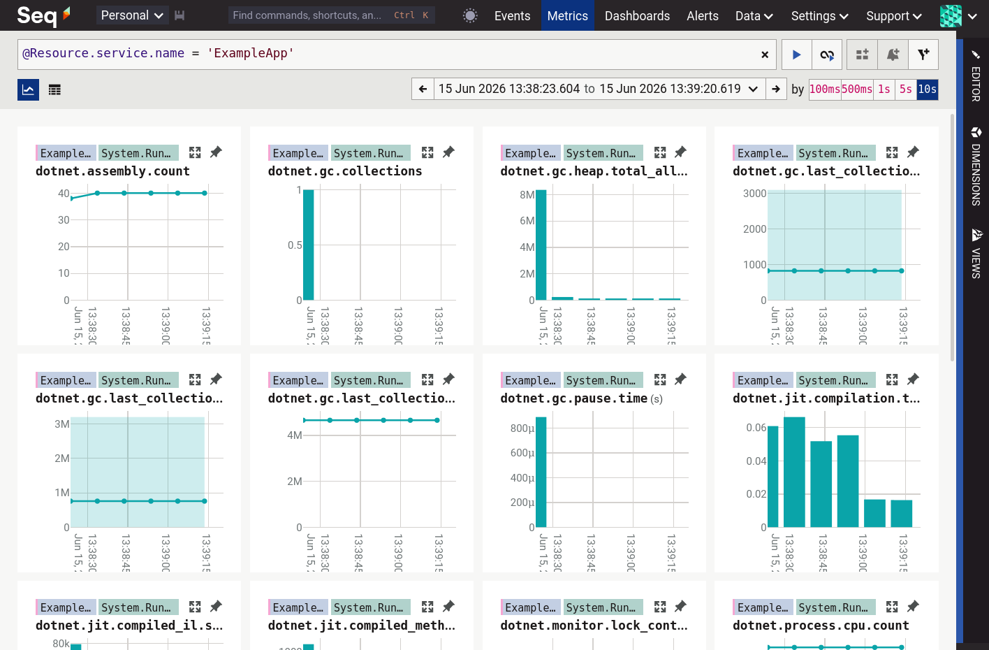 Seq metrics interface showing many metrics