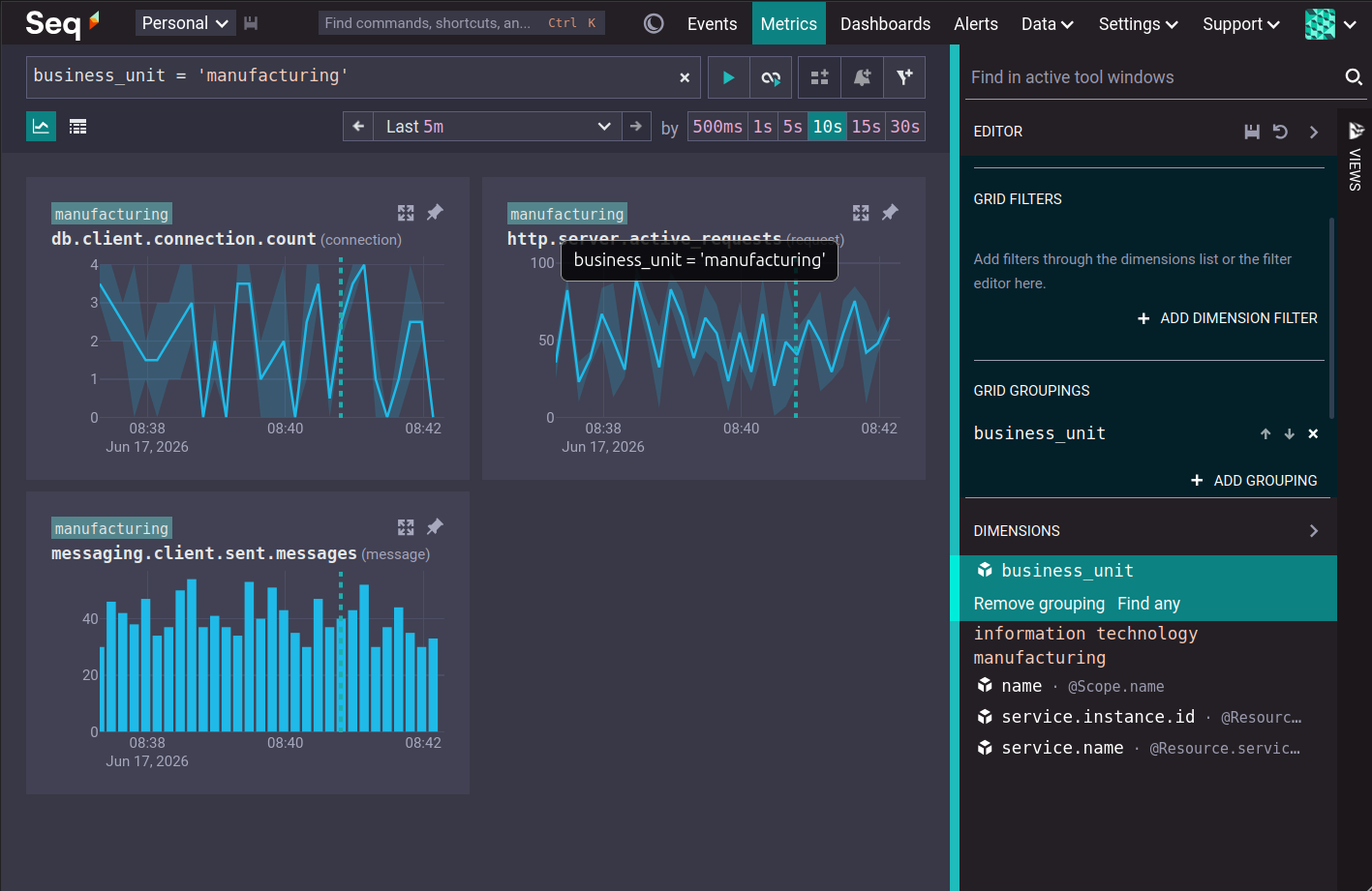 Seq metrics filtered to metrics with a business_unit of manufacturing