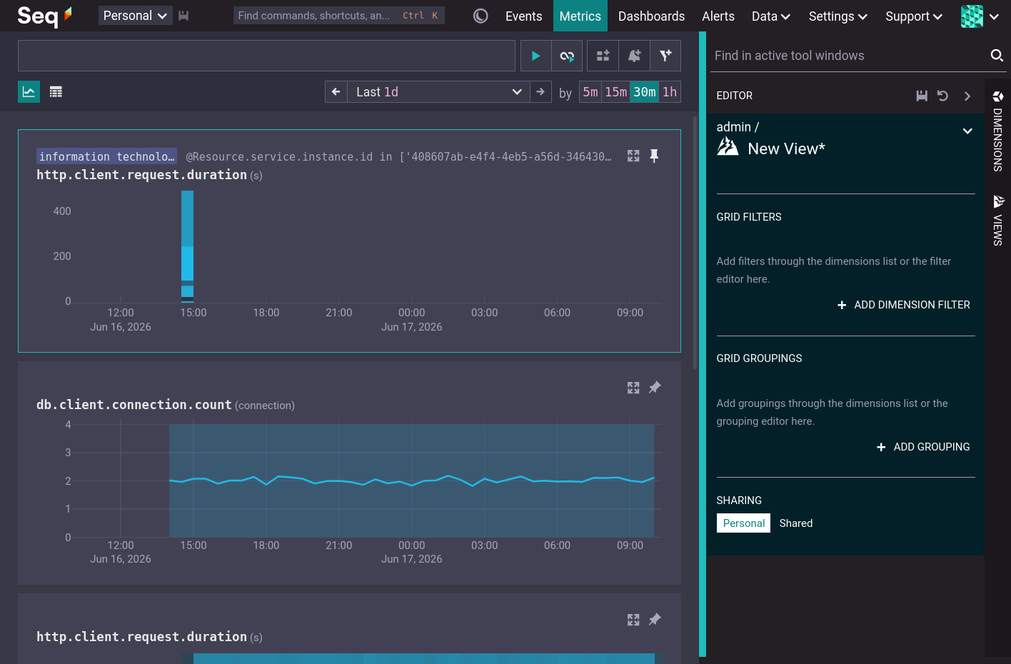 Seq Metrics user interface showing a pinned chart