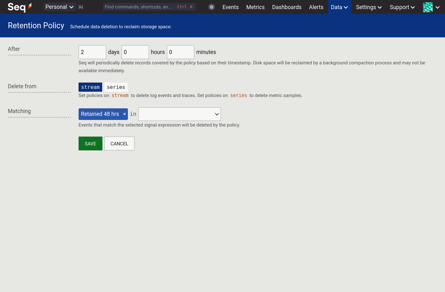 Creating an events retention policy