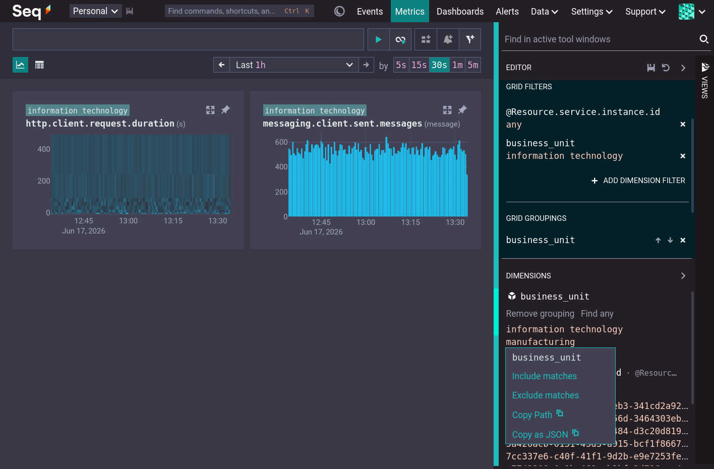 Seq Metrics user interface grouped and filtered