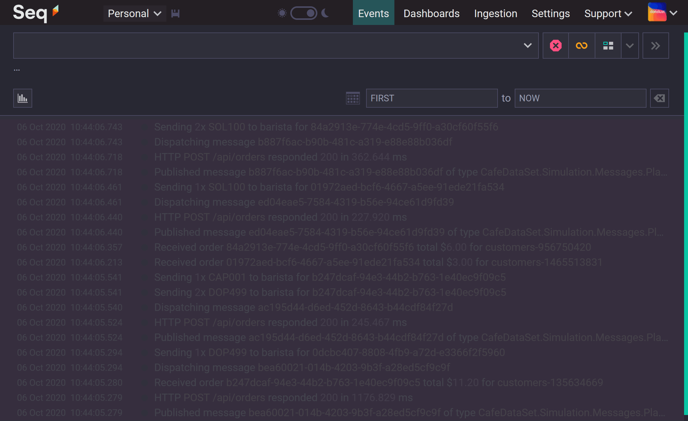 Seq in live tail mode, demonstrating the refresh interval shortening to 0.5 seconds when there are new events.