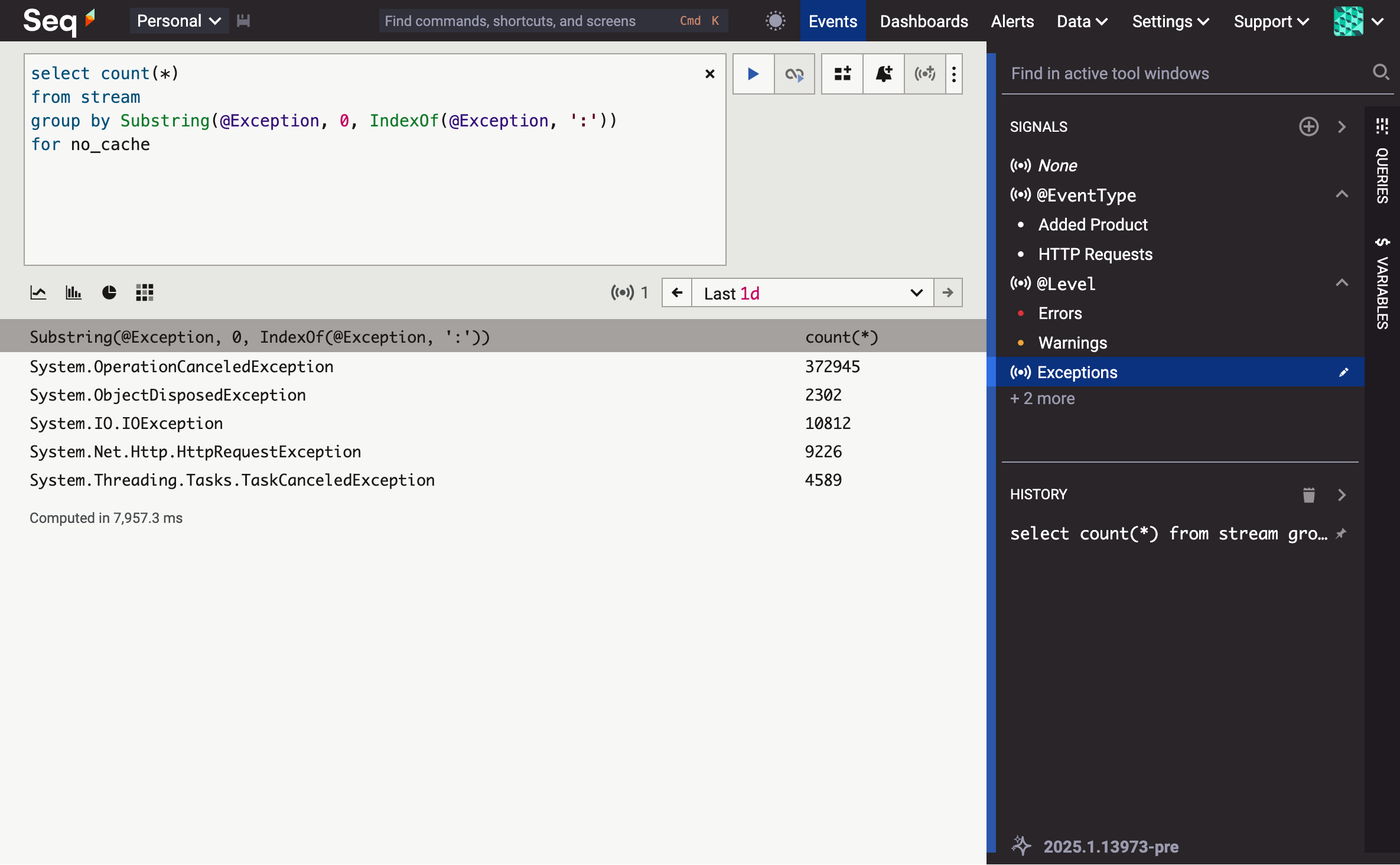 The same query, now showing 7,957.3 ms elapsed.
