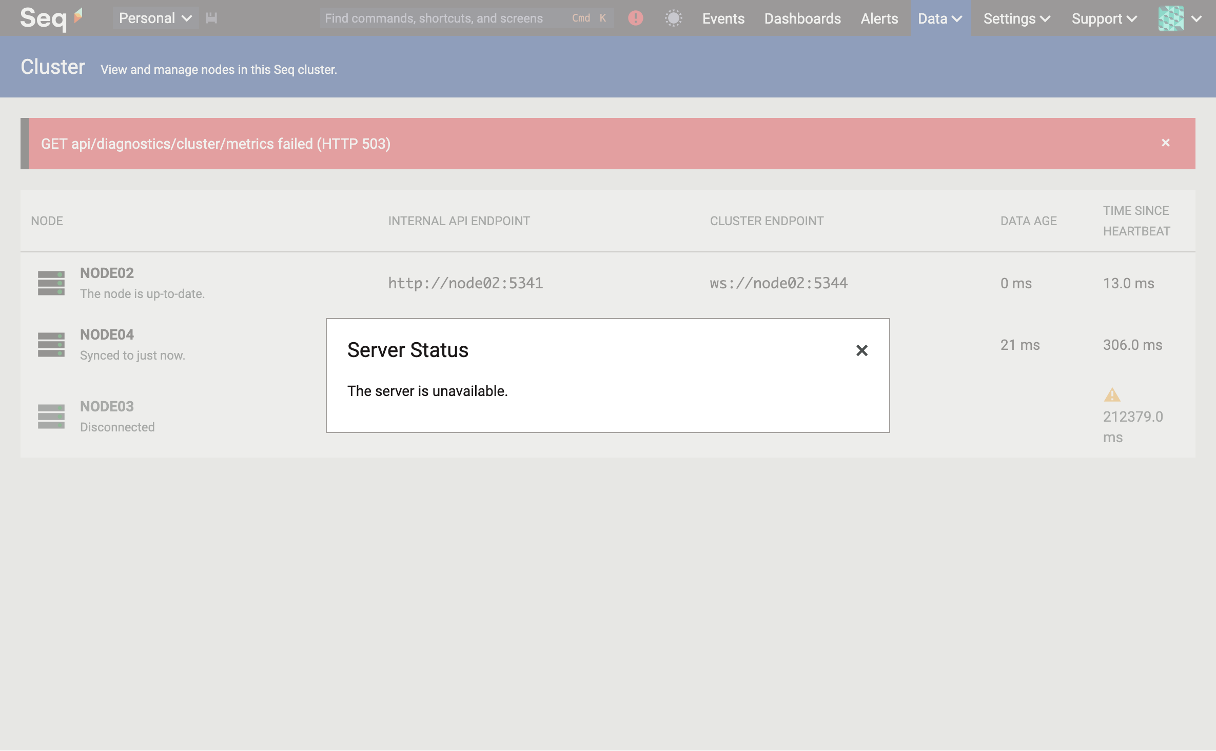 The same Cluster page view with "The server is unavailable" status message showing.